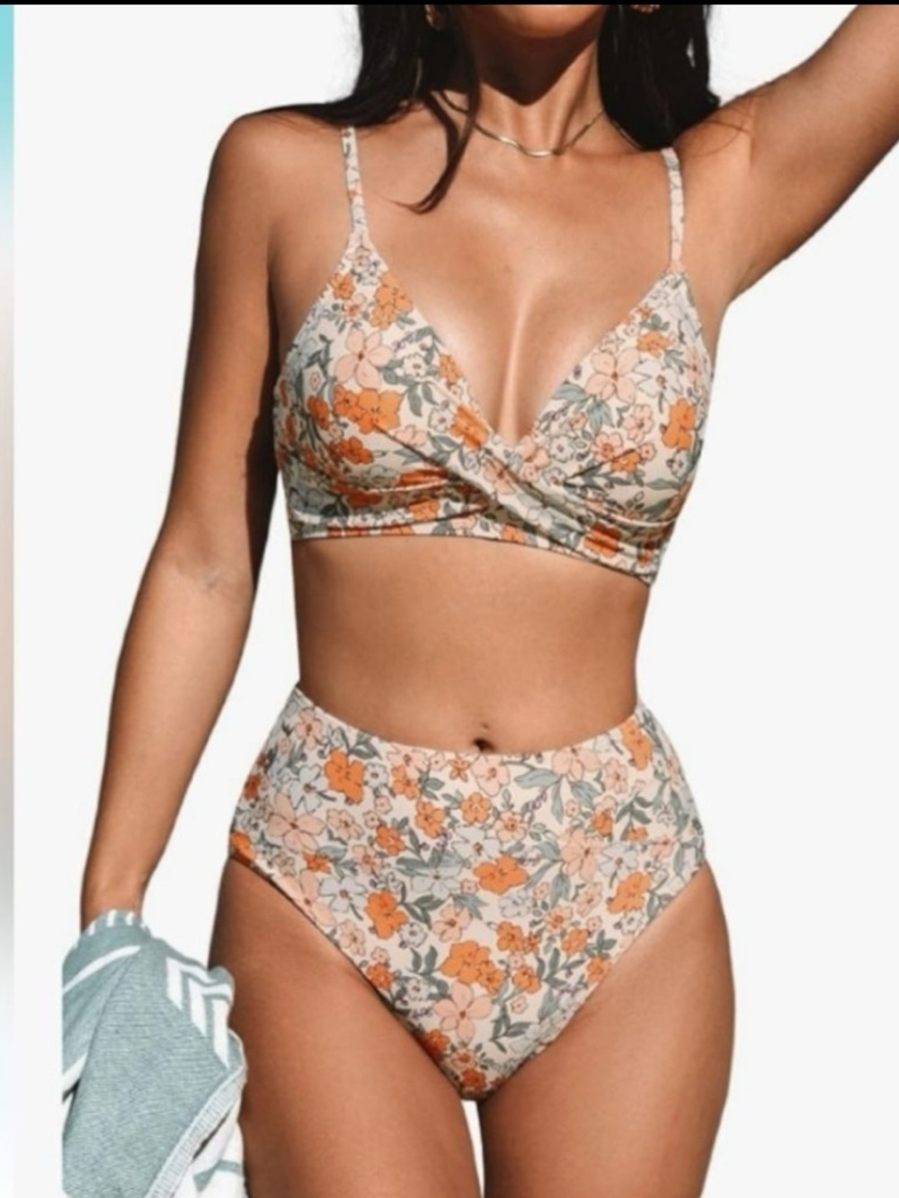CUPSHE Two Piece High Waisted V Neck Twist Front Adjustable Spaghetti Straps.